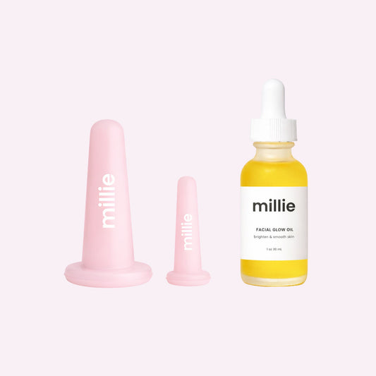 Facial Cupping Set and Facial Glow Oil against a light background